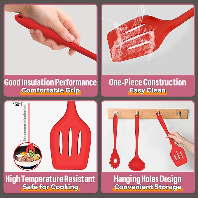 Silicone Cooking Utensils Set, E-far 7-Piece Red Heat Resistant Kitchen - Image 3