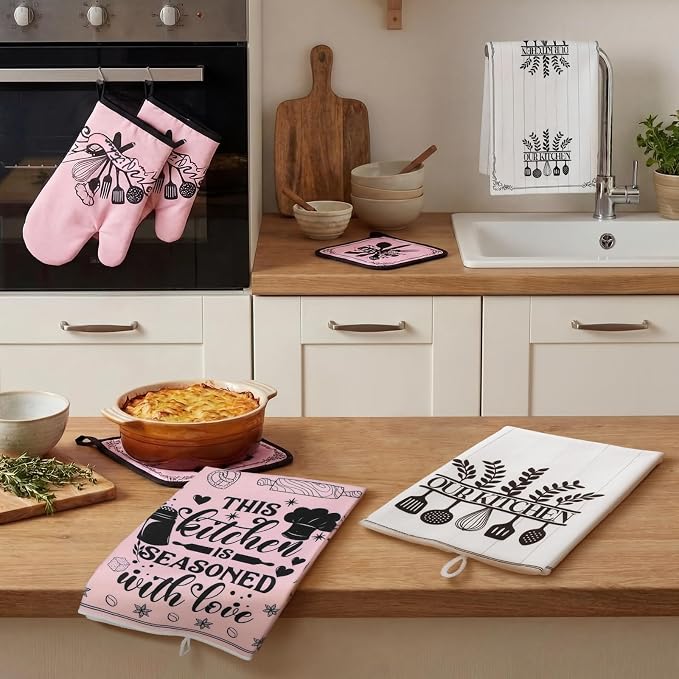 Leinuosen 8 Pcs Kitchen Towels and Oven Mitts Sets Pot Holders Dishcloths Set - Image 6