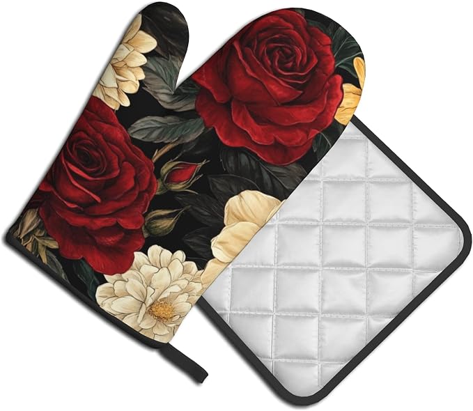 Boho Oven Mitts and Pot Holders Sets Vintage Peony Flowers Kitchen Mitts - Image 2