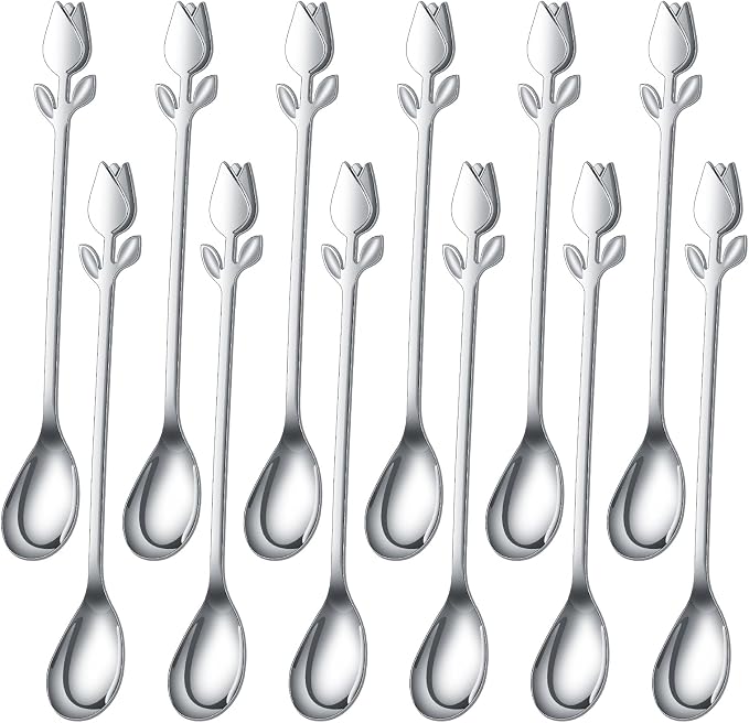 Silver Tulip/Rose Handle 12-Pcs Mini Coffee Spoons Set by SGvrPvz