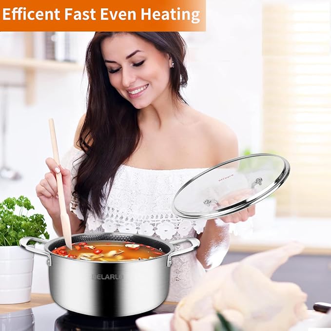 DELARLO Tri-Ply Stainless Steel Stock Pot, 5QT Non Stick Pots, Induction Ready - Image 4