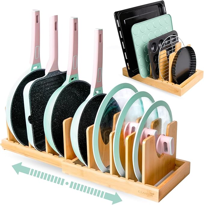 Pots and Pans Organizer under Cabinet, Bamboo Expandable Bakeware and Cutting by cleanclue