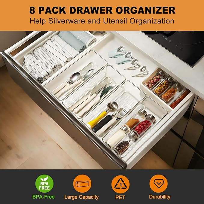 Hudgan 8 Pack Clear Plastic Drawer Organizers Set, Stackable Deep Drawer - Image 2