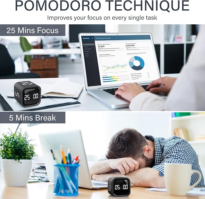 Rotating Pomodoro Timer 5, 10 50 Minutes Preset, Desk Productivity Timer w/Gra - Image 3