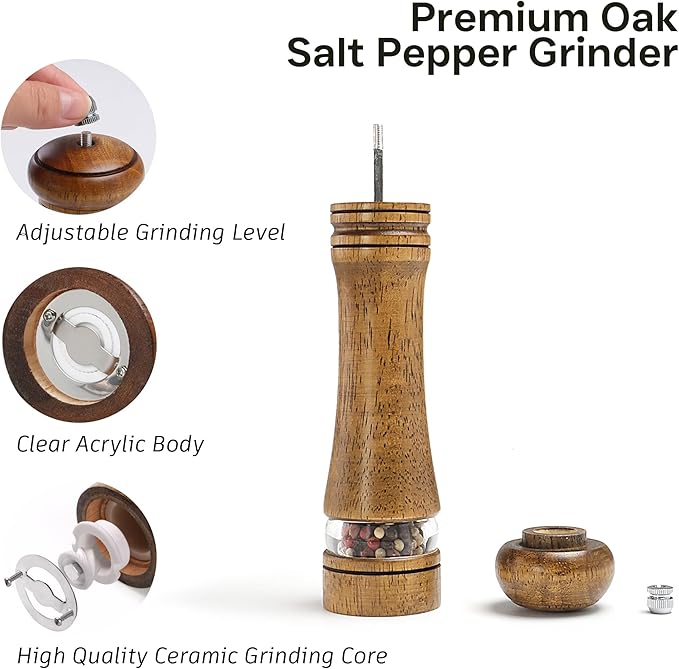 Wood Salt and Pepper Grinder, Salt Grinder and Pepper Mill, Oak Wood Shakers - Image 2
