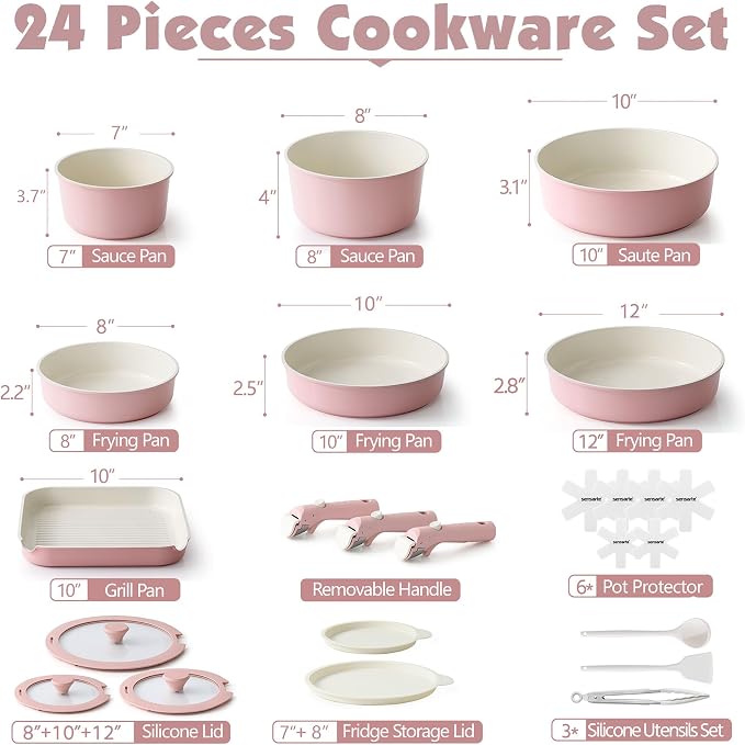SENSARTE 24 Piece Ceramic Pots and Pans Set, Nonstick Detachable Handle Cookware - Image 2