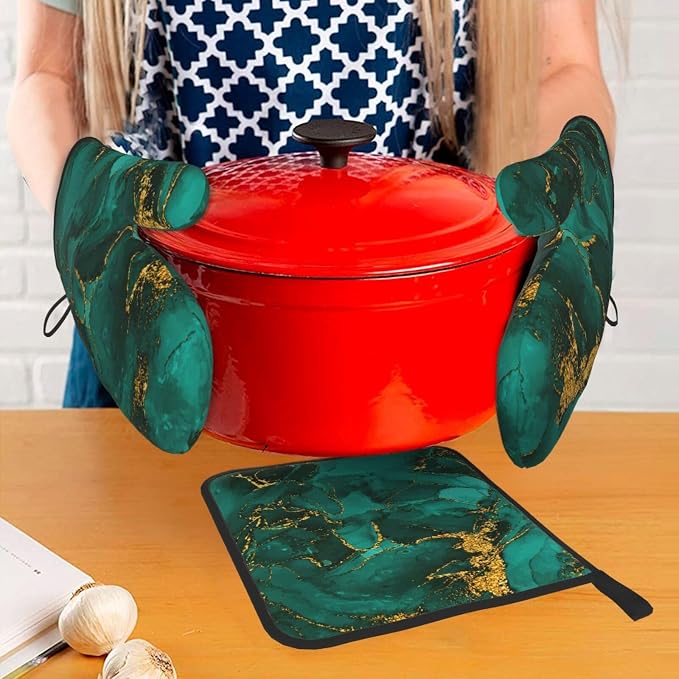 Turquoise Marble Oven Mitts and Pot Holders Sets of 3 Emerald Dark Green Hot - Image 7