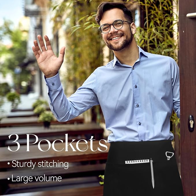 NLUS 1 Pack Server Apron with 3 Pockets, Water Oil Stain Resistant Waitress - Image 3
