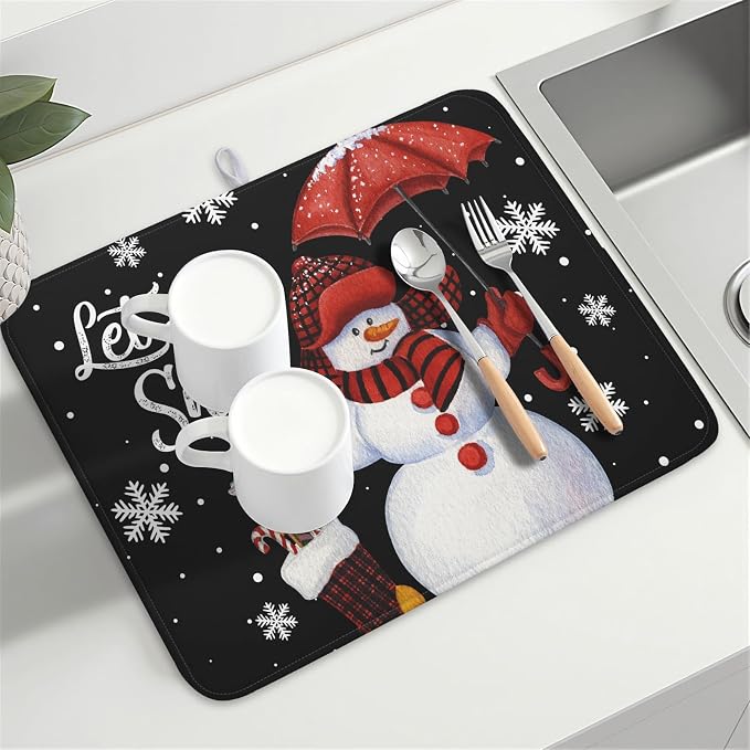 Black Snowman Dish Drying Mats for Kitchen Counter, Winter Snowflake Dish Mat - Image 8