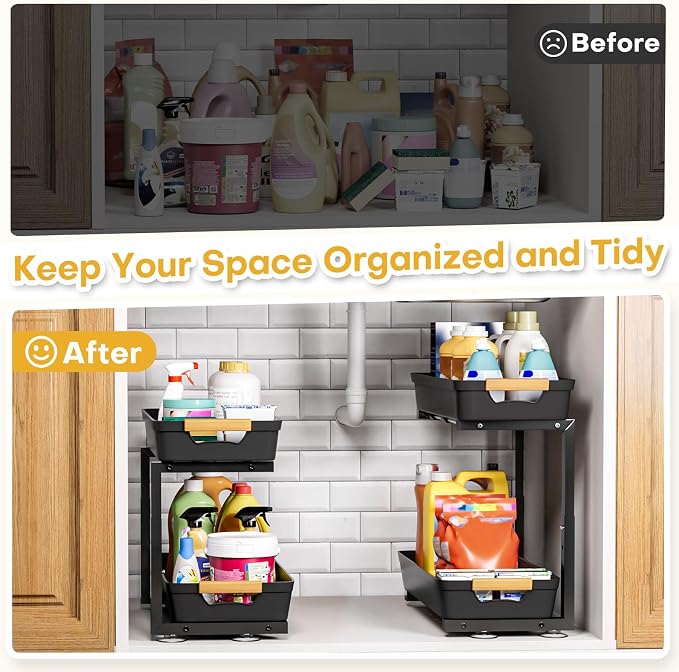 Homde 2-Tier Under Sink Organizer: 2pcs Set Adjustable Pull Out Drawer - Image 8