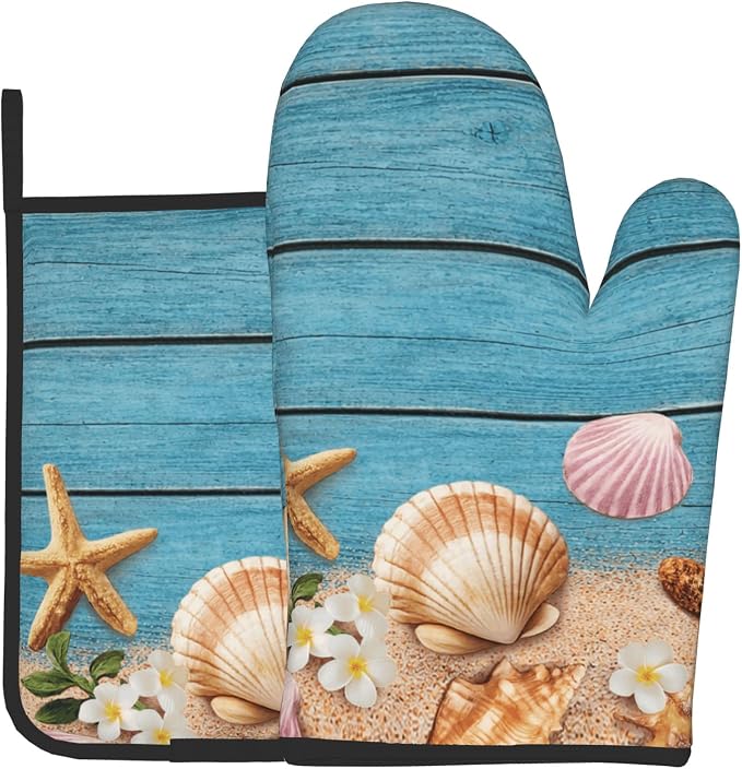Coastal Oven Mitts and Pot Holders Sets Navy Blue Wooden Starfish Seashell Oven by DZGlobal