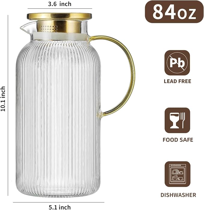 Buaic Glass Pitcher with Lid, 84oz/2.5 Liter Classic Vertical Stripes Water - Image 2