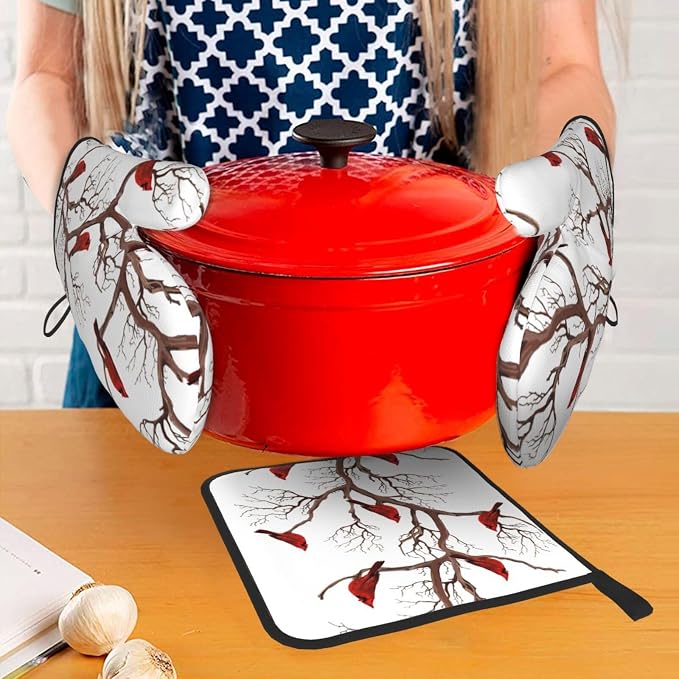 Winter Cardinal Birds Oven Mitts and Pot Holders Sets of 3 Kitchen Hot Pads - Image 7