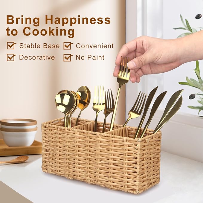Ayiaren Wicker Flatware Silverware Caddy Cutlery Holder Kitchen Silverware - Image 2