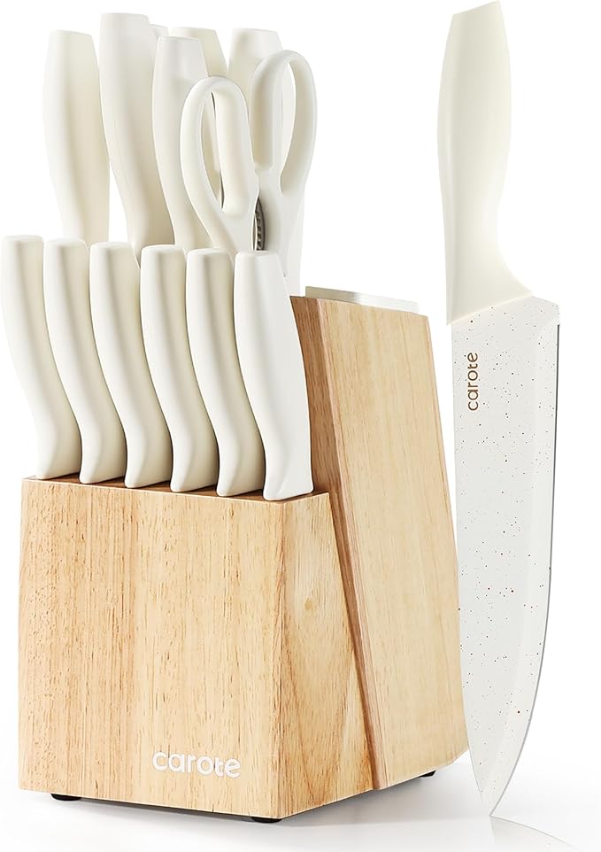 CAROTE 15Piece Knife Set, Kitchen Knife Block Set, Elegant White Ceramic-Coated by CAROTE