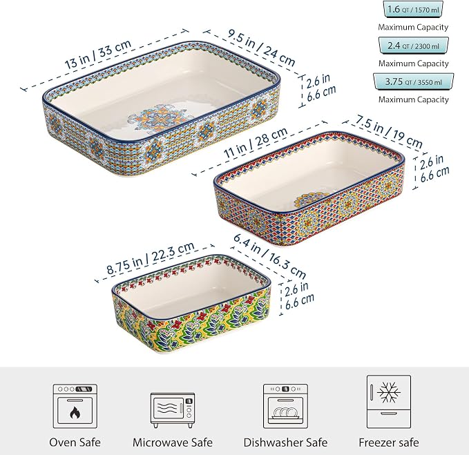 Casserole Dishes for Oven, Ceramic Baking Dishes Set of 3, Rectangular Lasagna - Image 2