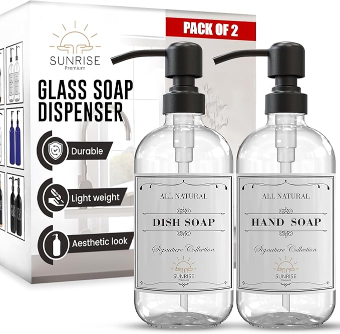 Sunrise Premium 2 Pack Clear Glass Soap Dispenser 16 OZ by SunrisePremium