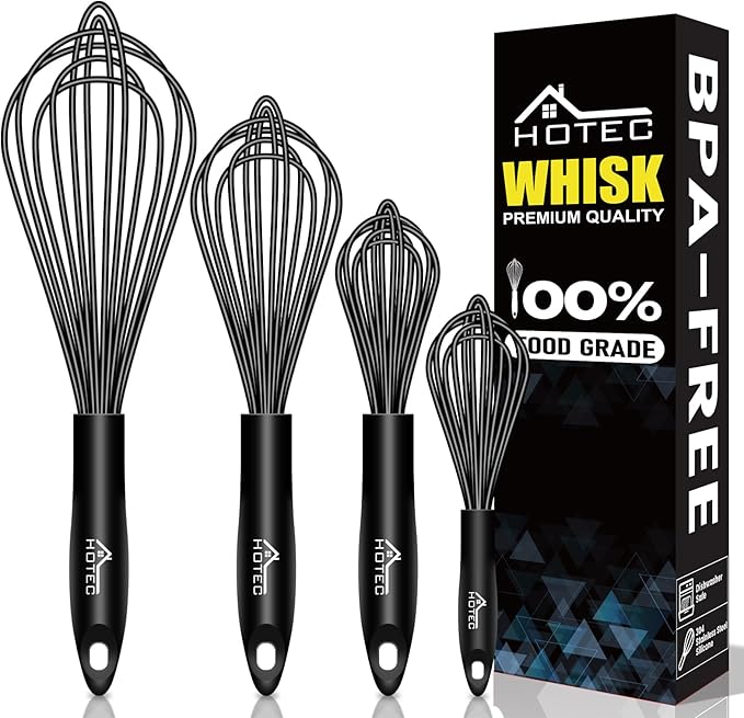 HOTEC 4 Pieces Silicone Whisks Set, Wire Balloon Whisks Egg Beater, Non-slip by Hotec