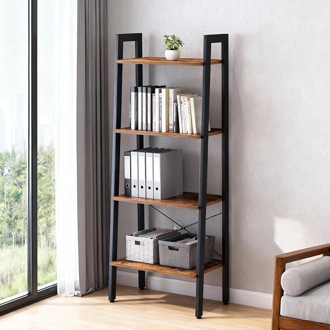 DUMOS Ladder Shelf, 4-Tier Display Bookshelf, Industrial Style Storage Standing - Image 2