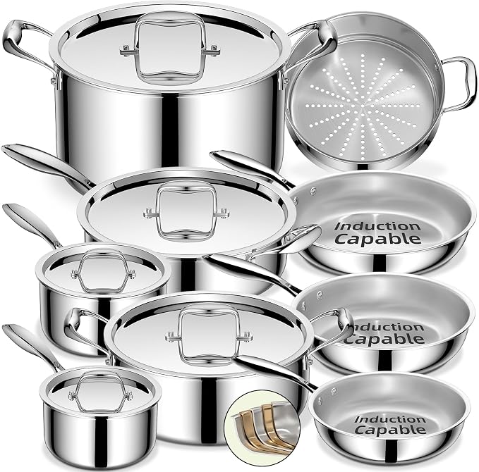 Umite Chef Stainless Steel Cookware Set, 5 Ply 14 Piece Stainless Steel Pot and - Image 9
