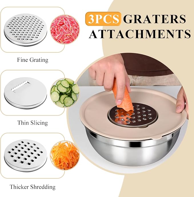 Mixing Bowls with Airtight Lids Set, 6 Stainless Steel Bowls, 3 Grater - Image 3
