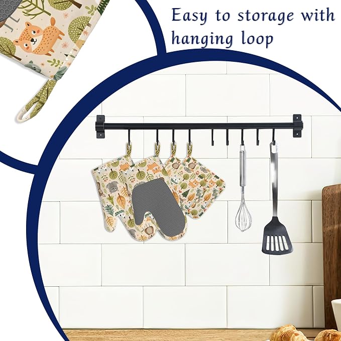 Cute Animals Oven Mitts and Pot Holders Fall Trees Leaves Silicone Kitchen - Image 3