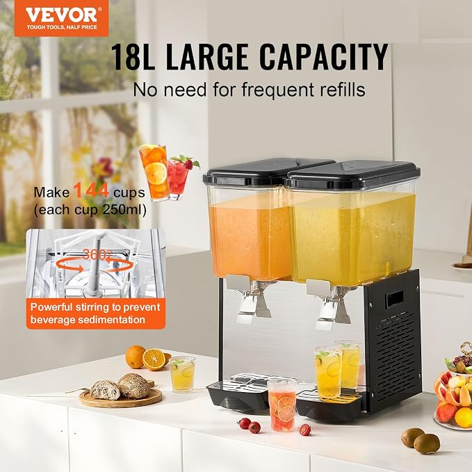 VEVOR Commercial Beverage Dispenser, 2 Tanks 18 L / 19 QT Per Tank Juice - Image 2