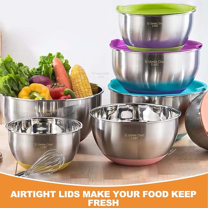 Umite Chef Mixing Bowls with Airtight Lids, 6 Piece Stainless Steel Metal Bowls - Image 4