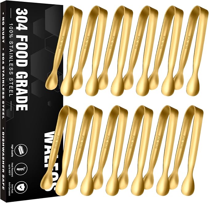 Walfos Small Gold Tongs For Serving, Food Grade Stainless Steel 4" Mini Tongs by Walfos