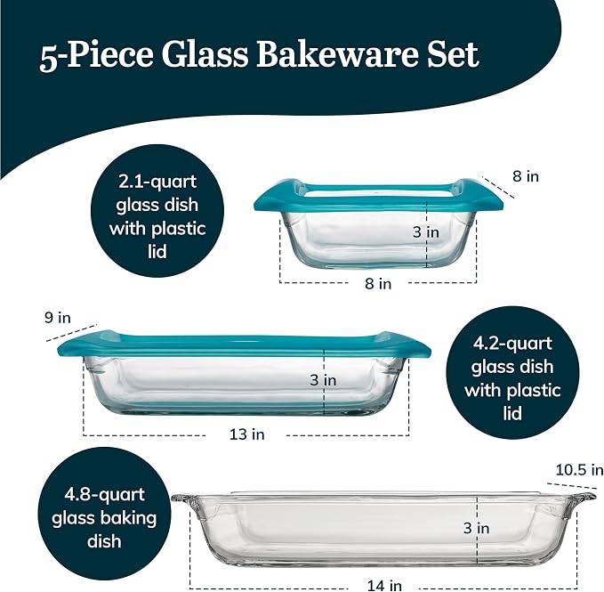 Libbey Baker’s Premium 5 Piece Glass Baking Dish Set, Stackable Casserole Dish - Image 3