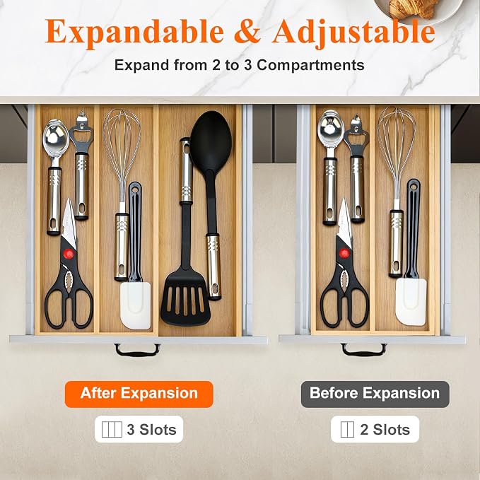Large Bamboo Silverware Drawer Organizer Tray Kitchen Tool Drawer Divider - Image 4