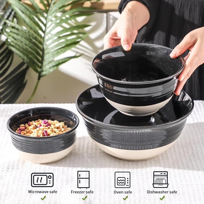 HASENSE Ceramic Mixing Bowls Set of 3, 84/40/20 Oz Black & Beige Stoneware Bowls - Image 5