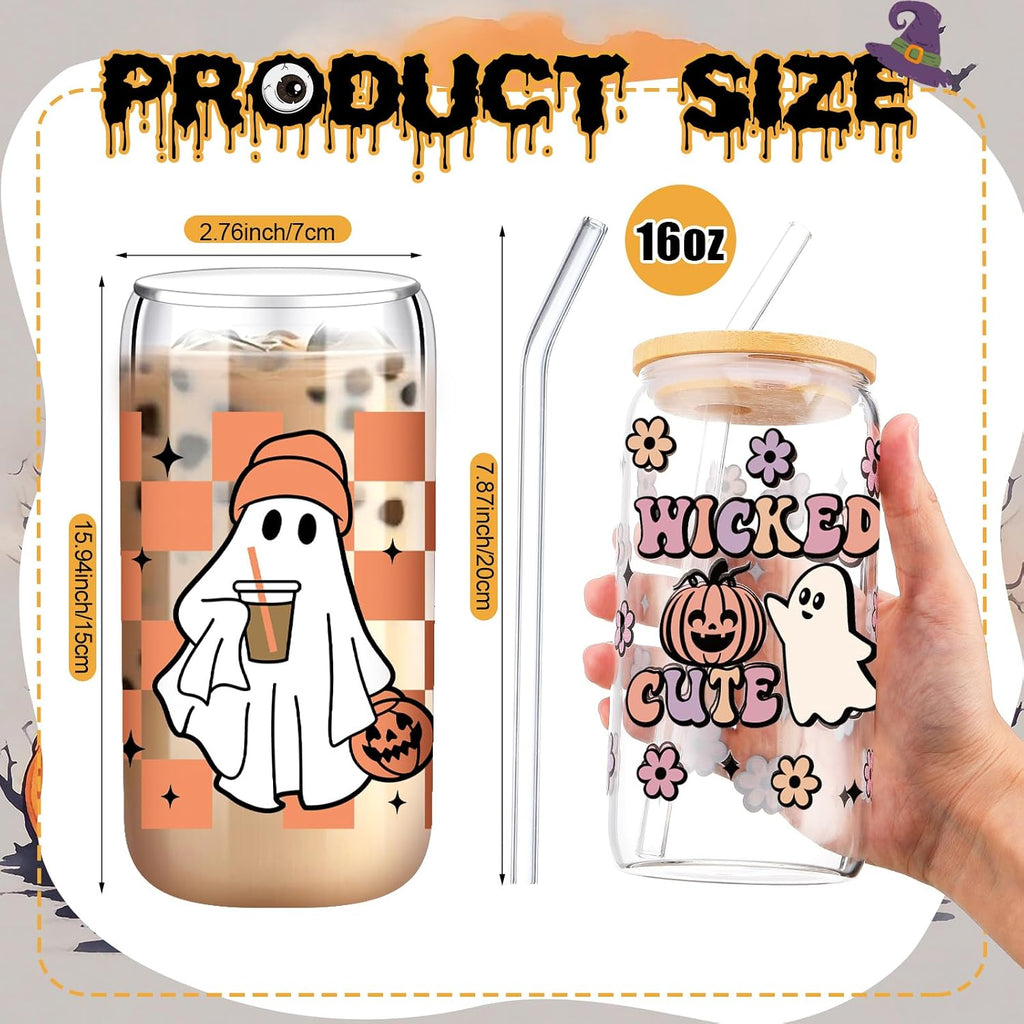 SiliFine 6 Pcs Halloween Glass Cups, 16 oz with Lids and Straws