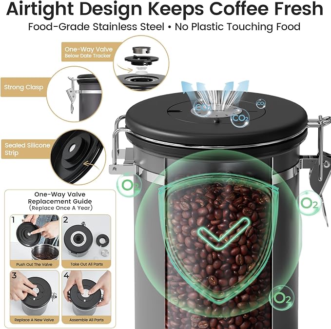 Veken Coffee Canister with Window, Airtight Stainless Steel Kitchen Food - Image 3