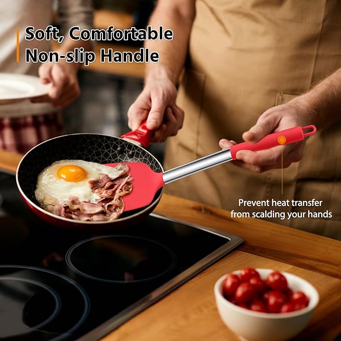 Silicone Spatula Set of 2, E-far Solid & Slotted Turner - Image 4