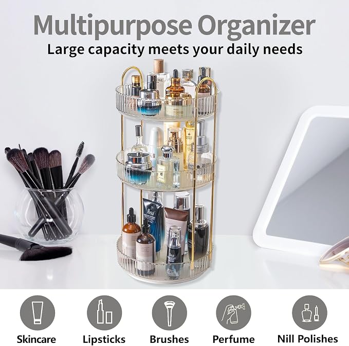 Asayuee 360 Rotating Makeup Organizer, 3 Tier Large Capacity Make Up Organizers - Image 7