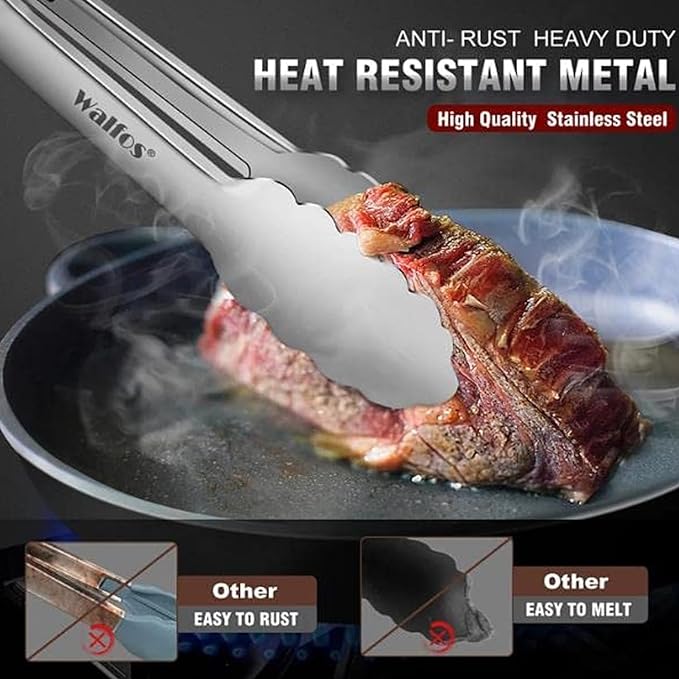 Walfos Kitchen Tongs for Cooking, 600℉ Heat Resistant Stainless Steel Tongs - Image 2