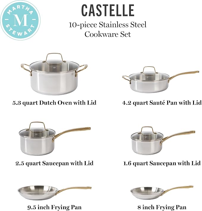 Martha Stewart Castelle 10 Piece 18/8 Durable Stainless Steel Induction Safe - Image 3