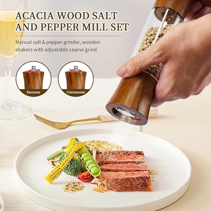 XWXO Acacia Wood Premium Acrylic Salt and Pepper Grinder Set 8 Inches Salt and - Image 5