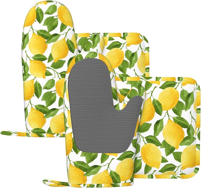 Lemon Oven Mitts and Pot Holders Sets of 4, Resistant Hot Pads by Nelife