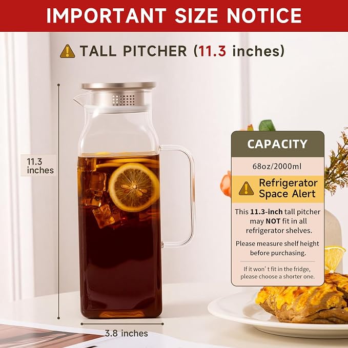 Glass Water Pitcher with Lid and Spout, 2L/68 Ounces Heat Resistant - Image 2