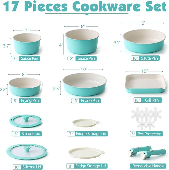 SENSARTE 17 Piece Ceramic Pots and Pans Set, Nonstick Detachable Handle Cookware - Image 2