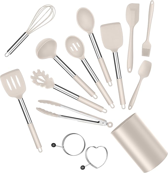 E-far Silicone Cooking Utensils Set, 14-Piece Khaki Kitchen Utensils Set by E-far