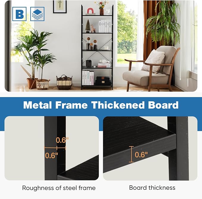 DUMOS 5 Tiers Bookshelf, Classical Book Shelf, Tall Display Shelves in Living - Image 5