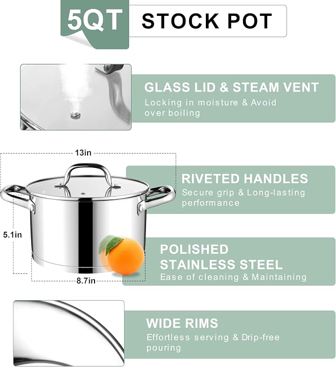 E-far Stainless Steel Stockpot, 5 Quart Pot - Image 4