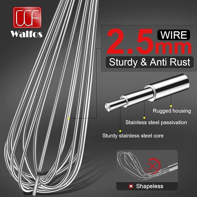 Walfos Whisks Large Whisk Set of 2, Heavy Duty Stainless Steel Wire Whisk Ideal - Image 3