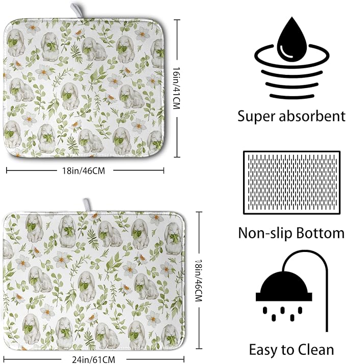 Easter Bunny Floral Drying Mat for Kitchen Counter Spring Easter Rabbits Green - Image 2