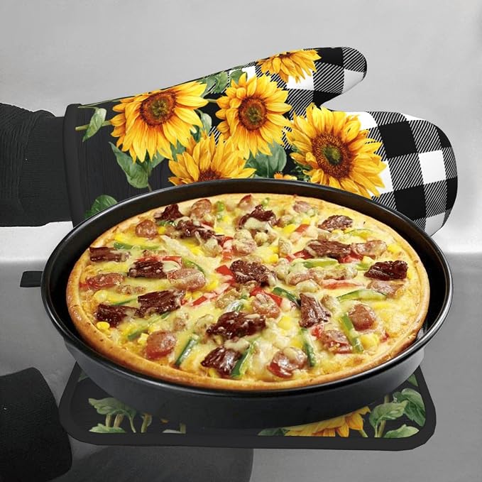 Sunflower Oven Mitts and Pot Holders Sets of 2 Buffalo Plaid Kitchen Mitts - Image 7
