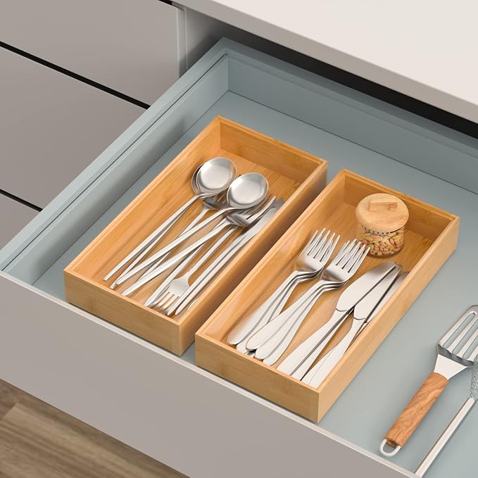 VeyFey Silverware Tray for Drawer, Stackable Kitchen Bamboo Drawer Organizer - Image 3
