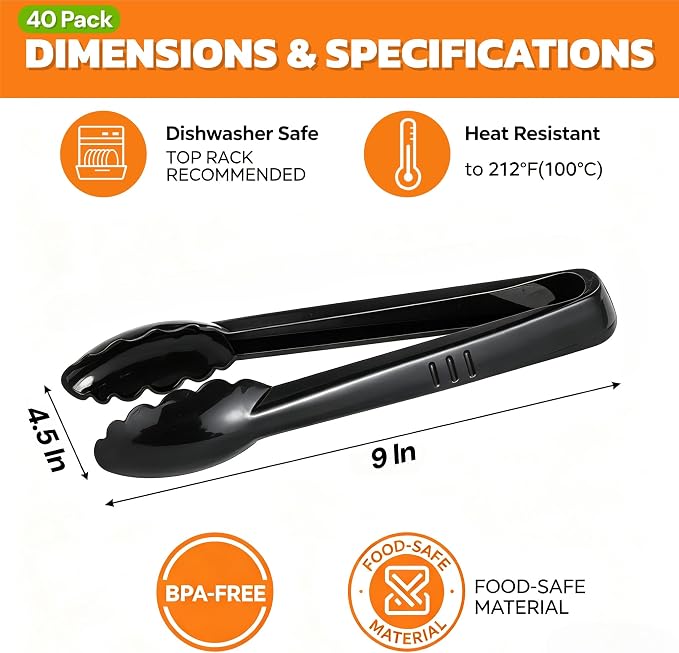 40 Pack Plastic Tongs for Serving, Heavy Duty Scalloped Serving Utensil Tongs - Image 2